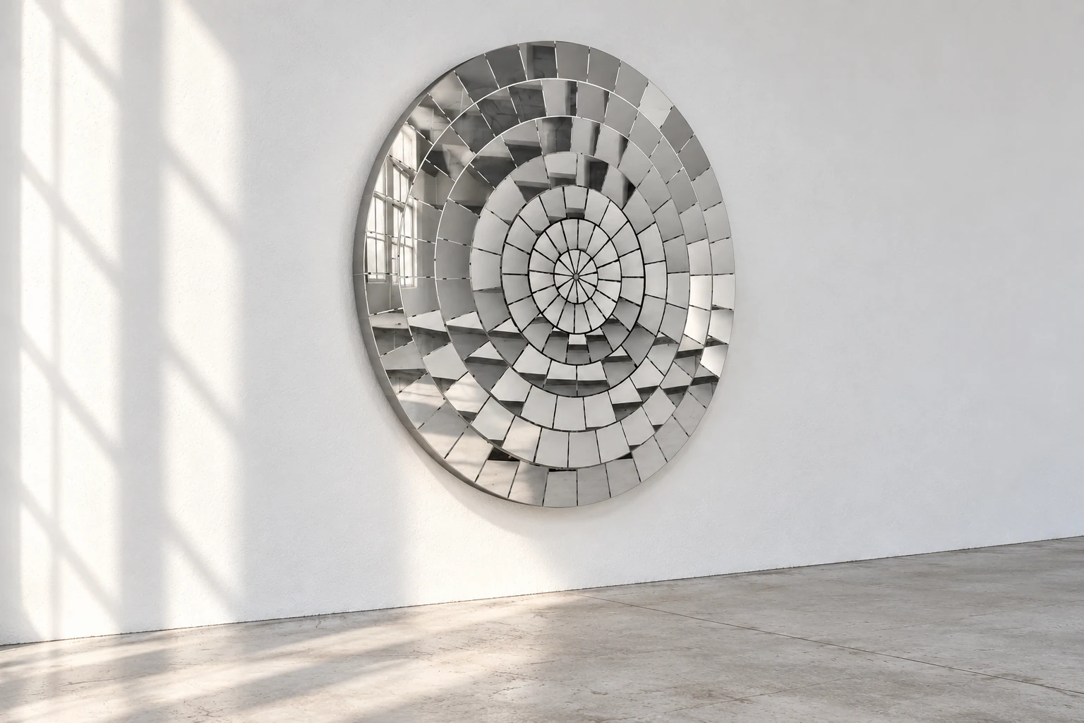 Angled view of concentric rings of mirrored facets
