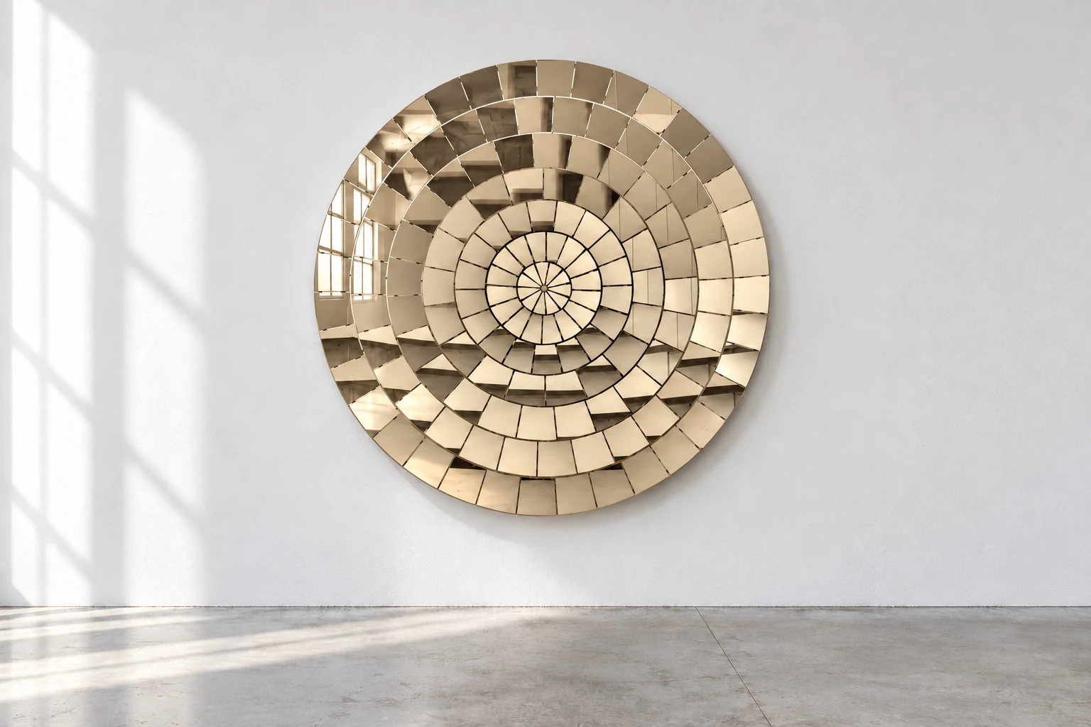 Faceted disc in champagne, against a white wall above a grey concrete floor
