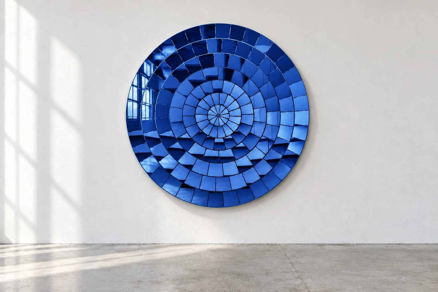 Faceted disc in cobalt, against a white wall above a grey concrete floor