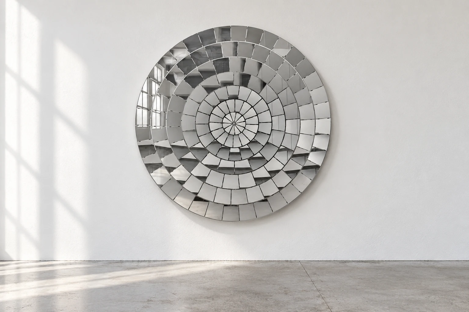 Faceted disc in silver, against a white wall above a grey concrete floor