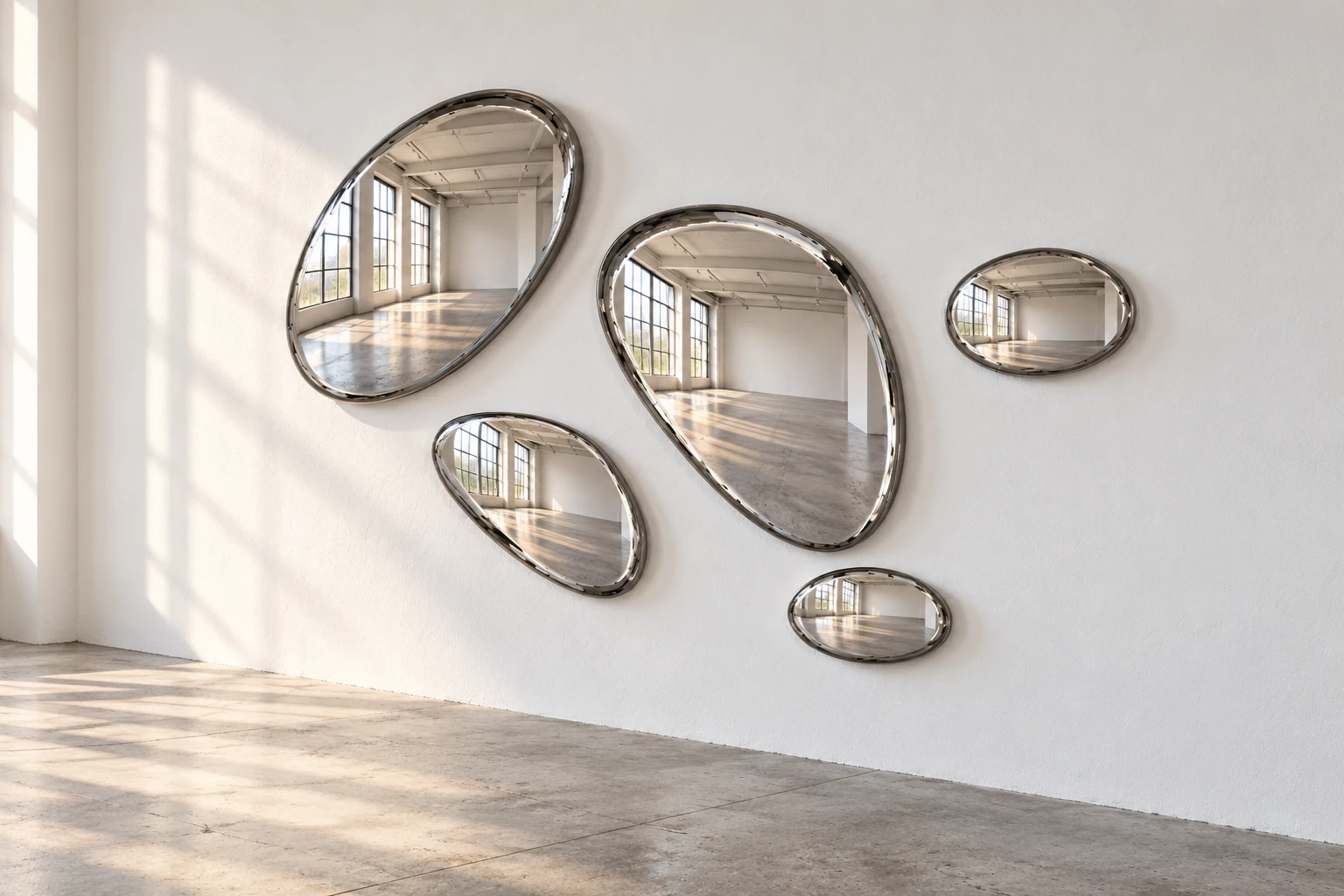 Oblique view of five reflected forms