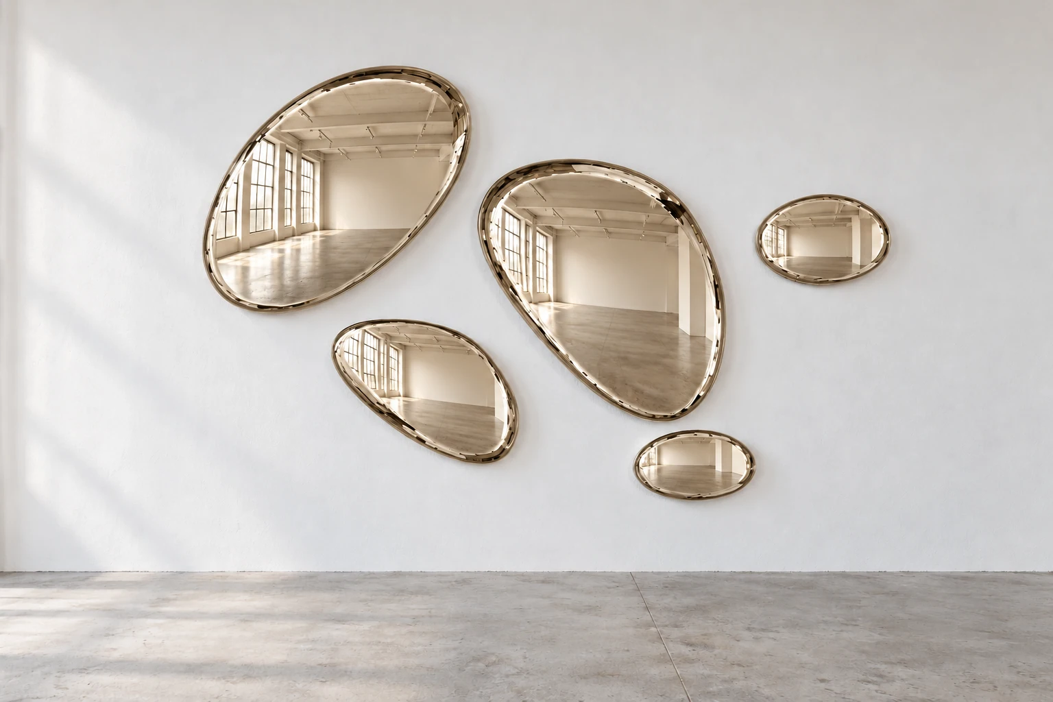 Five reflected forms in champagne, against a white wall above a grey concrete floor