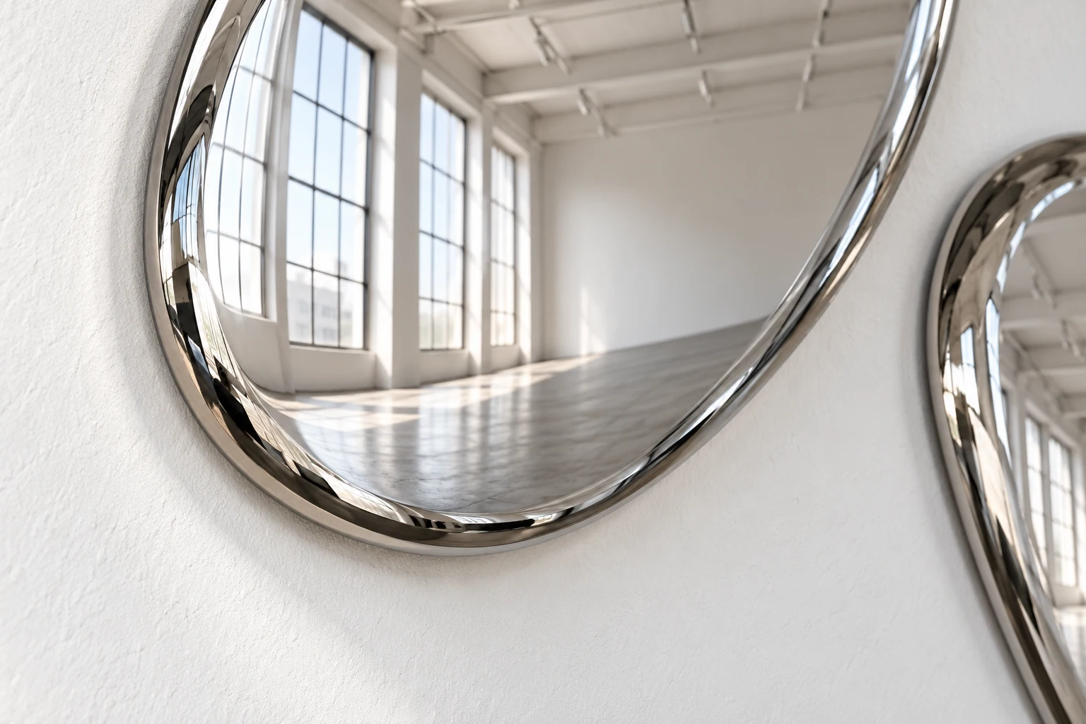 Close view of a rounded silver edge and the reflection it holds