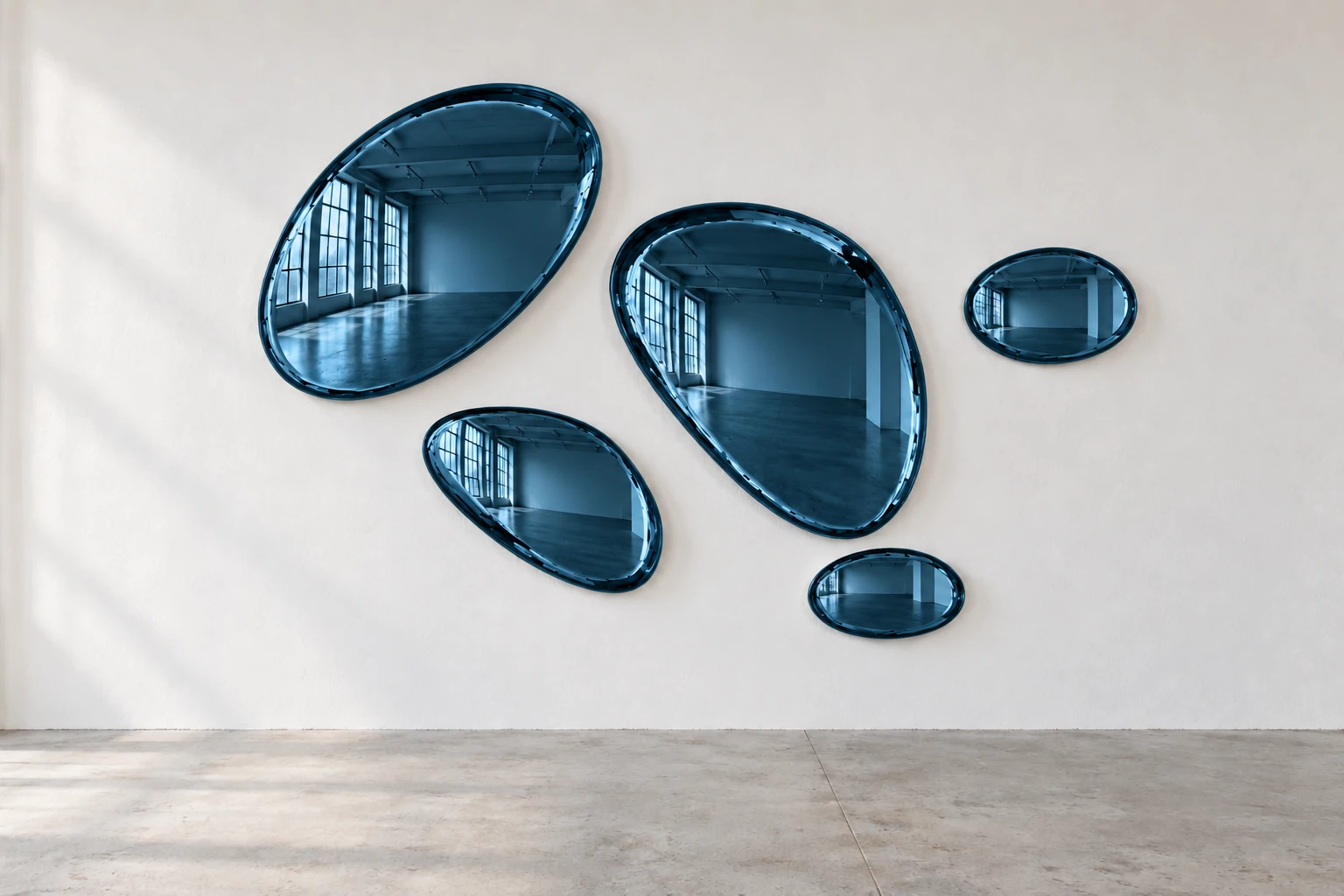 Five reflected forms in petrol blue, against a white wall above a grey concrete floor