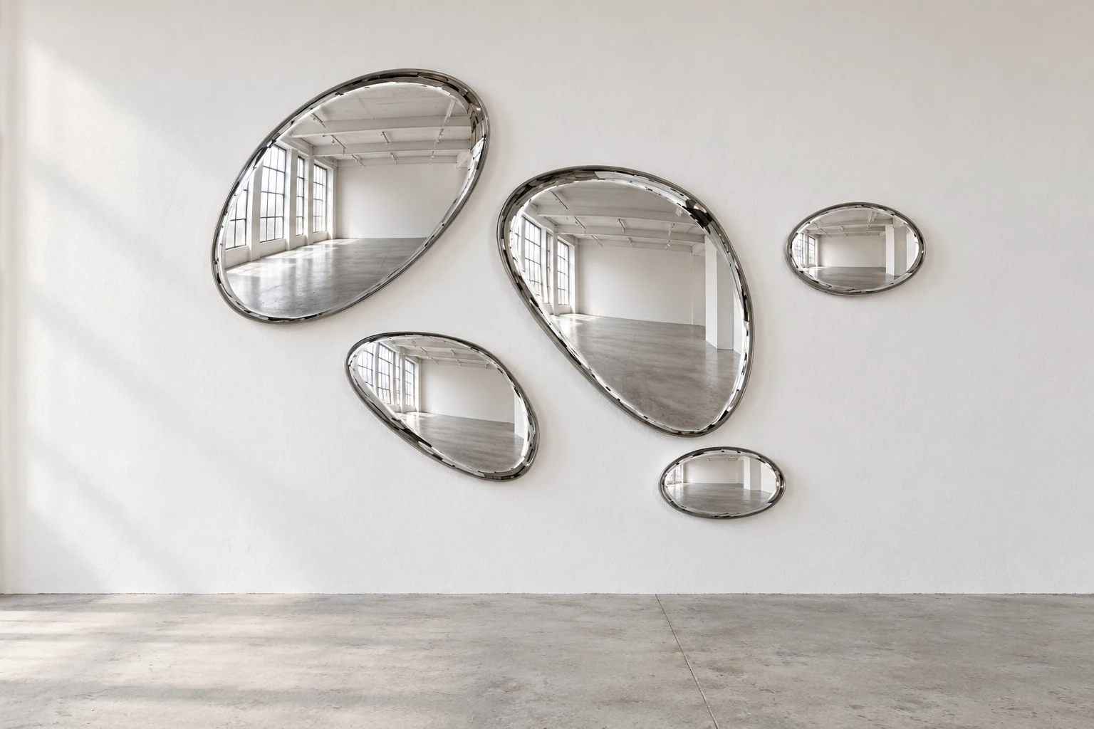Five reflected forms in silver, against a white wall above a grey concrete floor