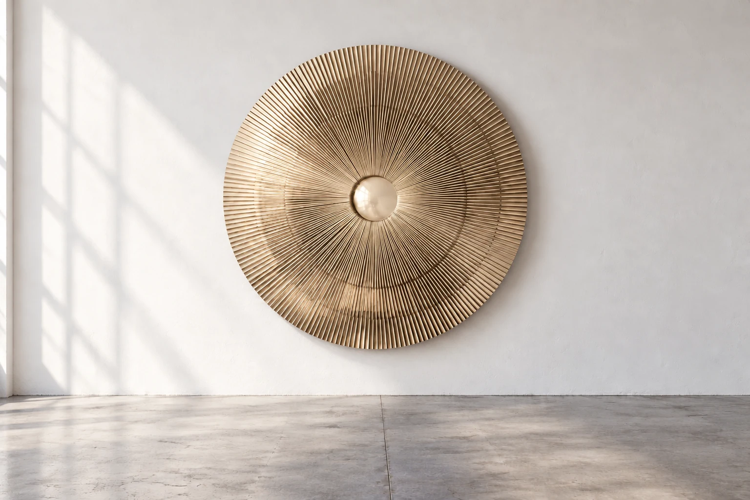 Radial disc in champagne, against a white wall above a grey concrete floor