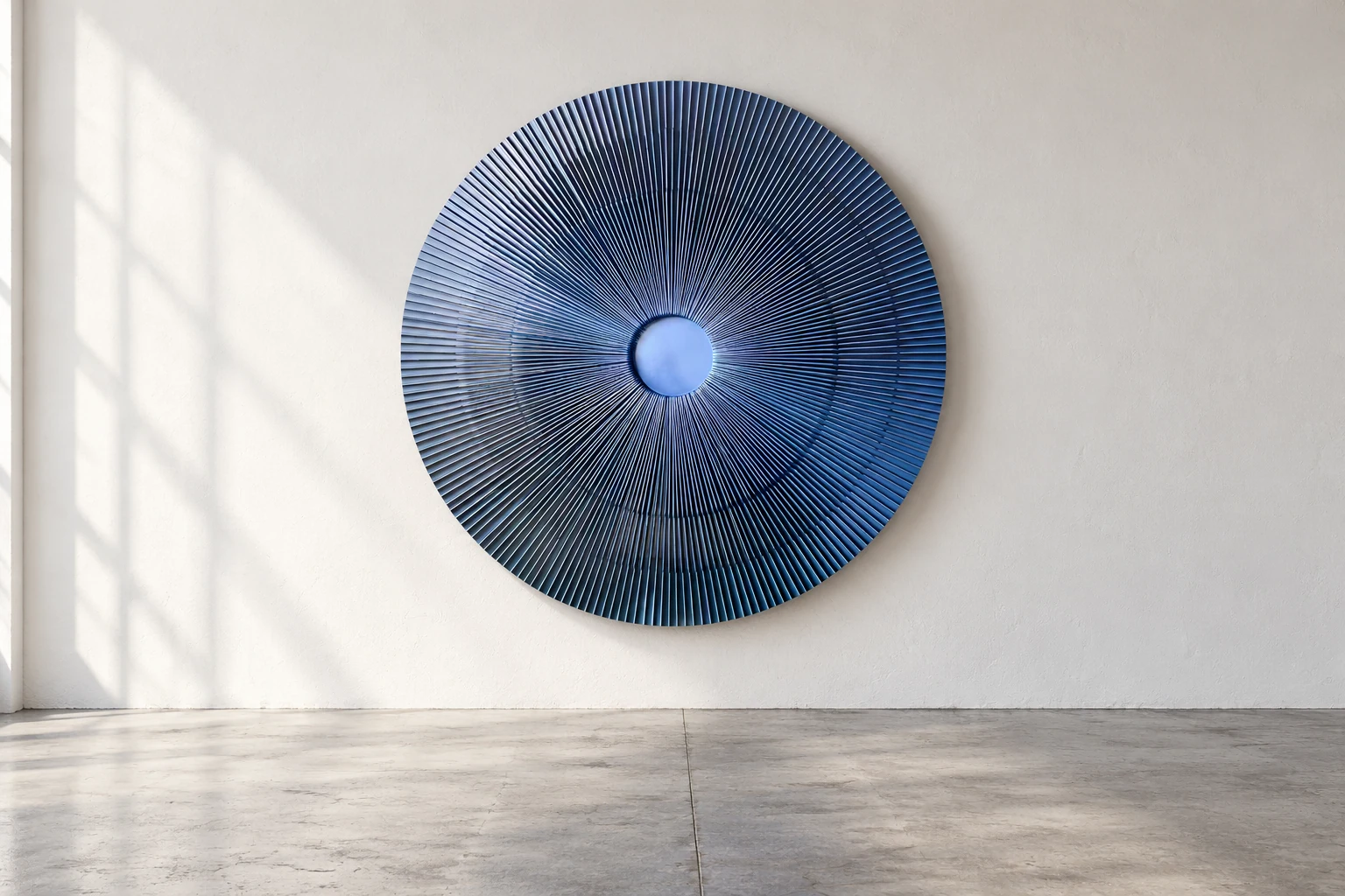 Radial disc in steel blue, against a white wall above a grey concrete floor