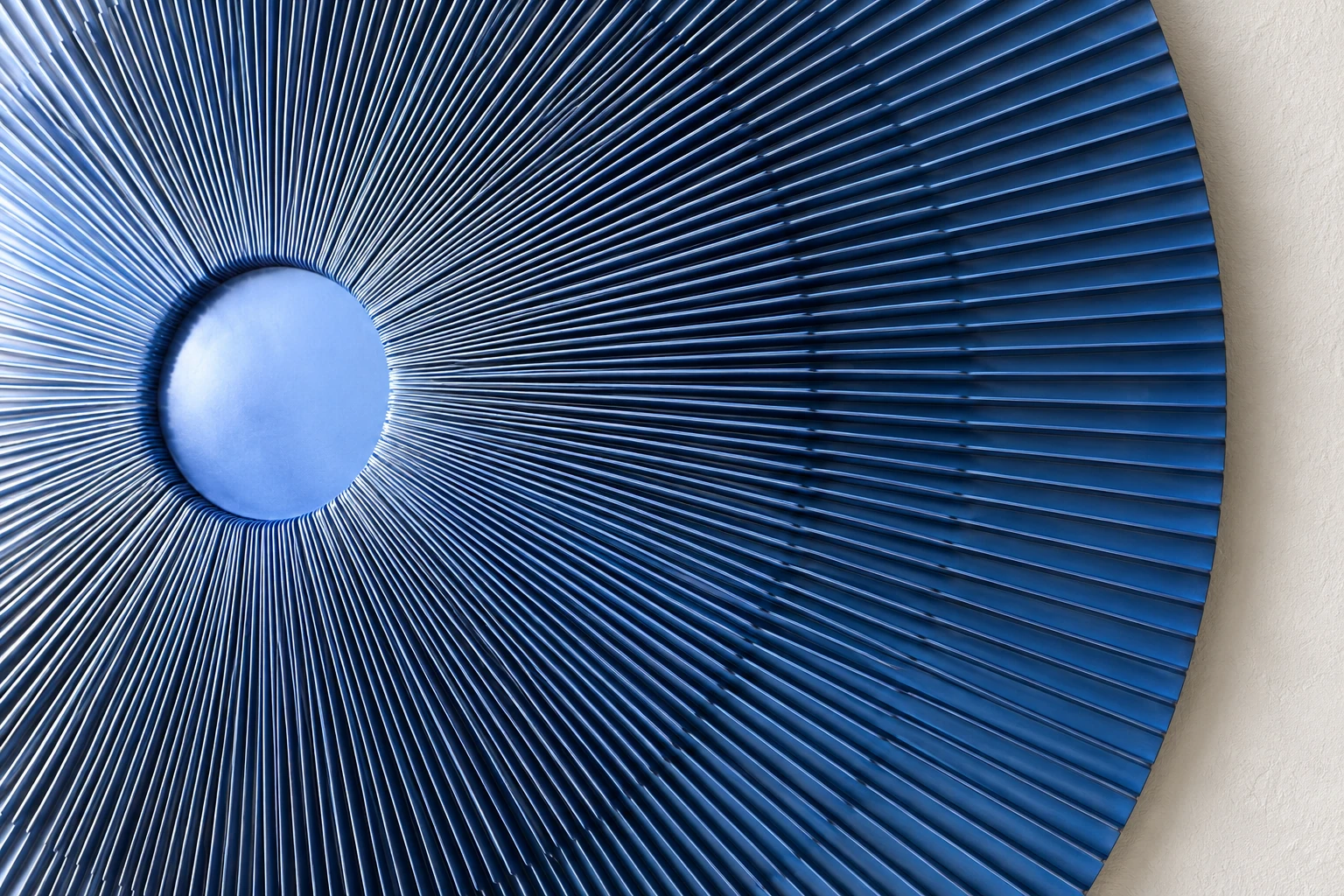 Fine blue radial ribs surrounding the smooth centre of a circular object