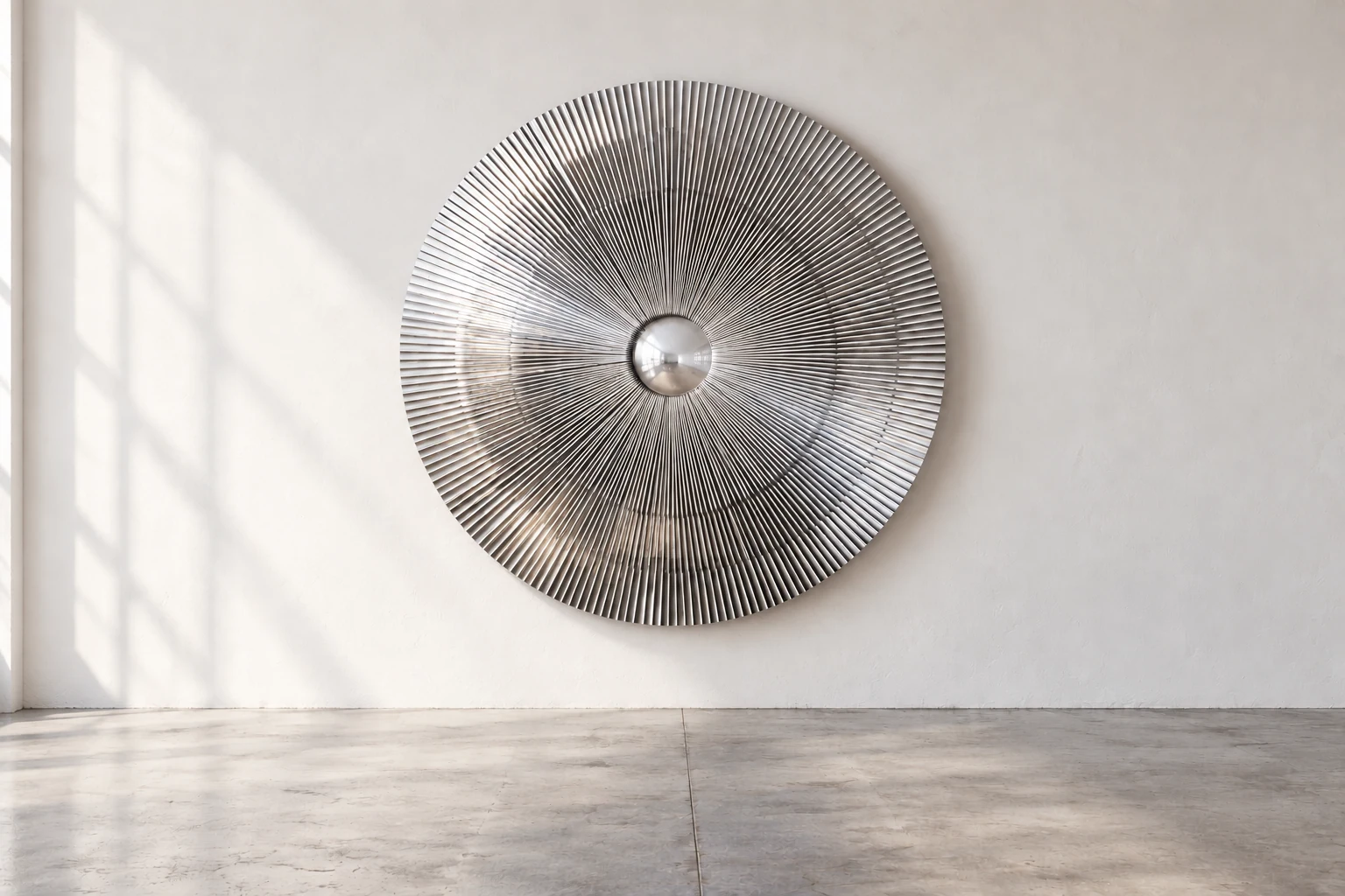 Radial disc in silver, against a white wall above a grey concrete floor