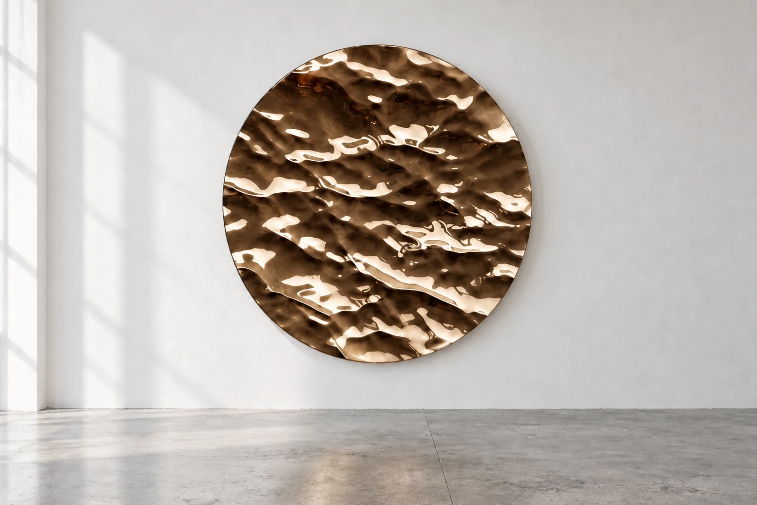 Rippled disc in bronze, against a white wall above a grey concrete floor