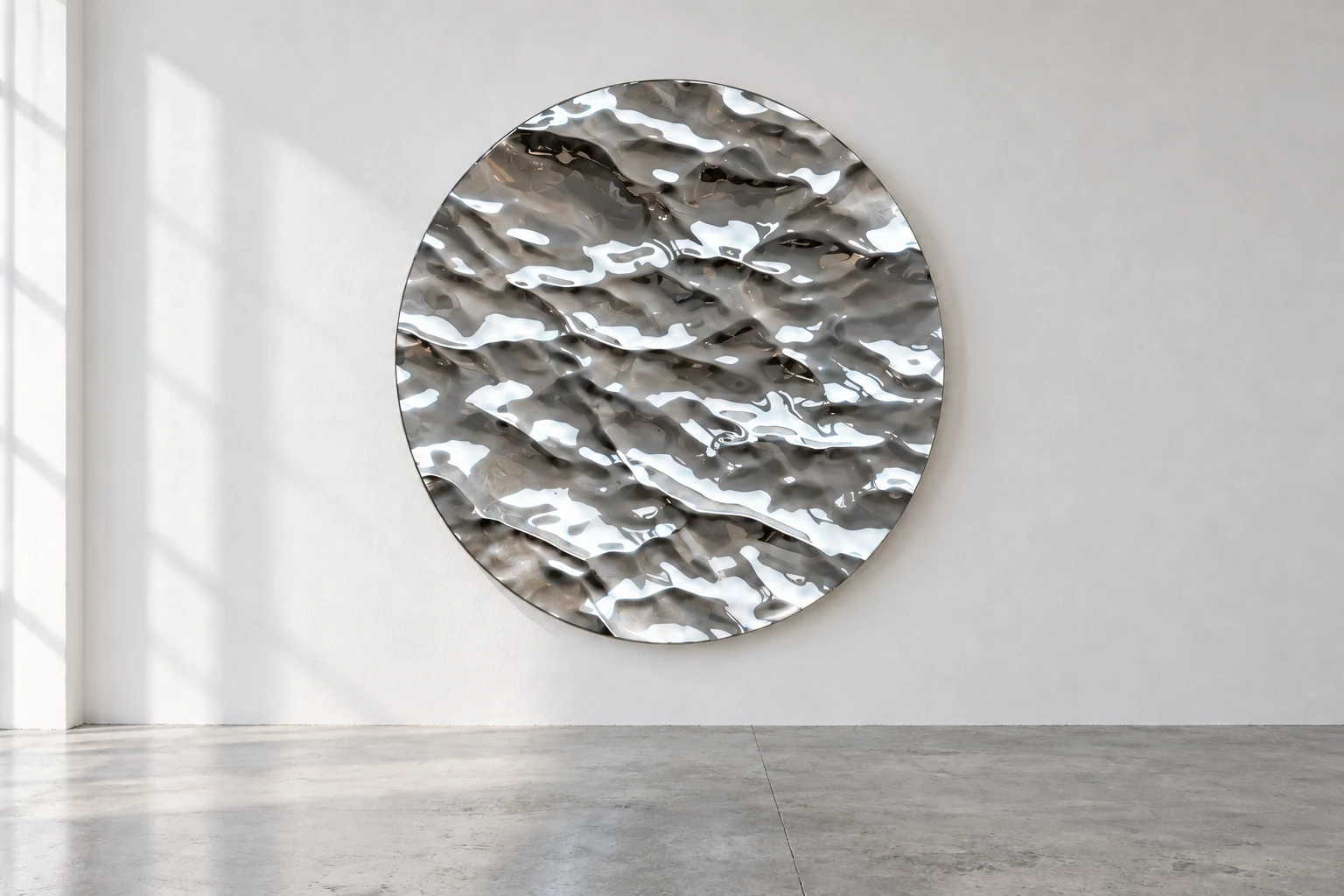 Rippled disc in silver, against a white wall above a grey concrete floor