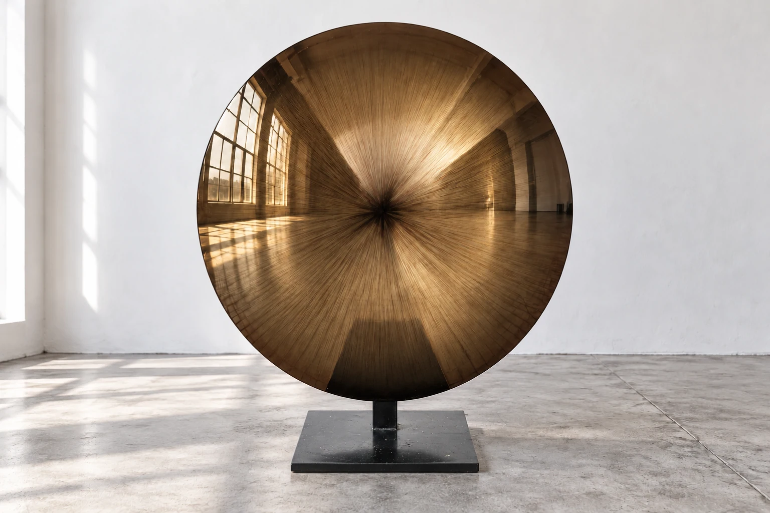 Standing brushed disc in bronze, against a white wall above a grey concrete floor