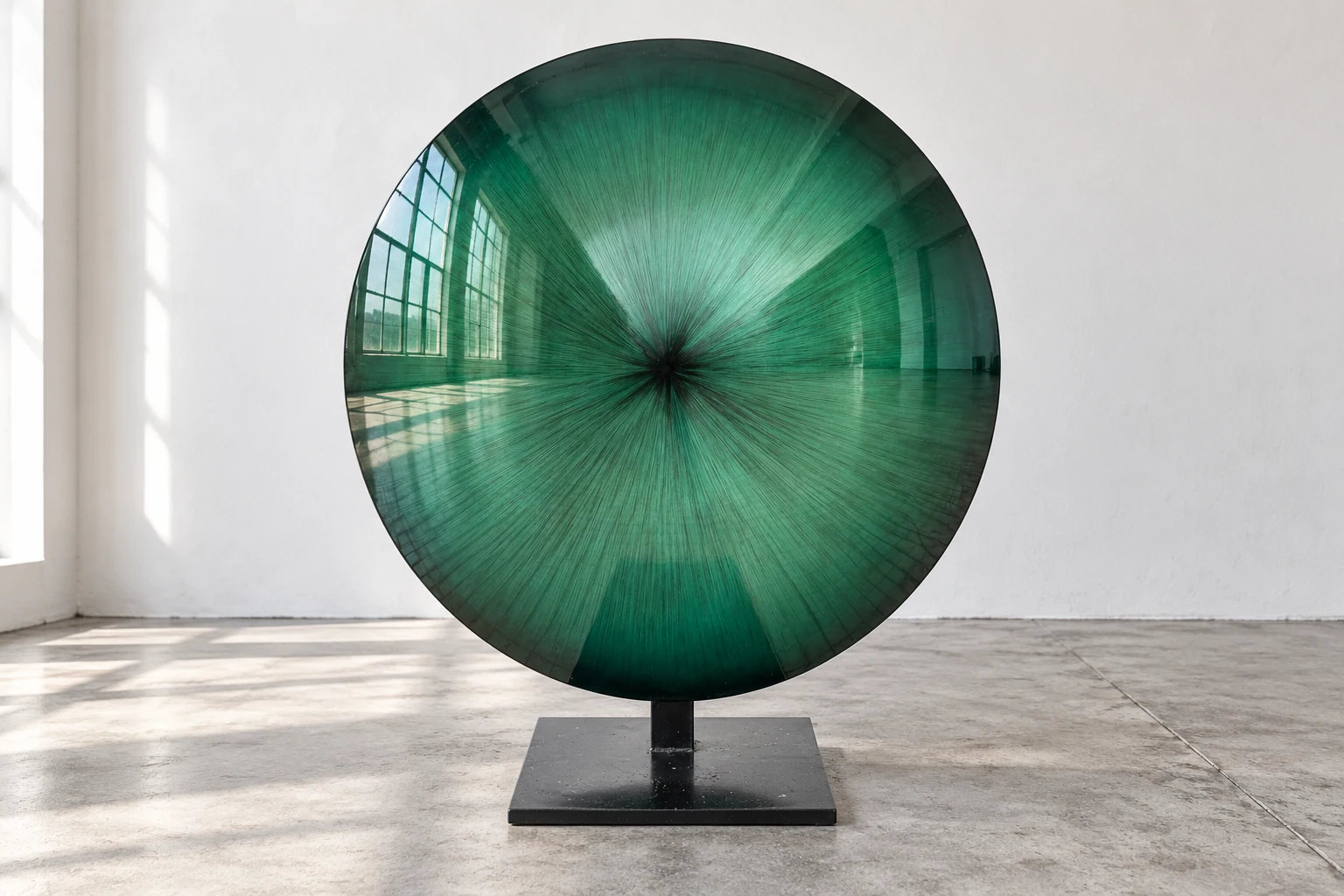 Standing brushed disc in emerald, against a white wall above a grey concrete floor