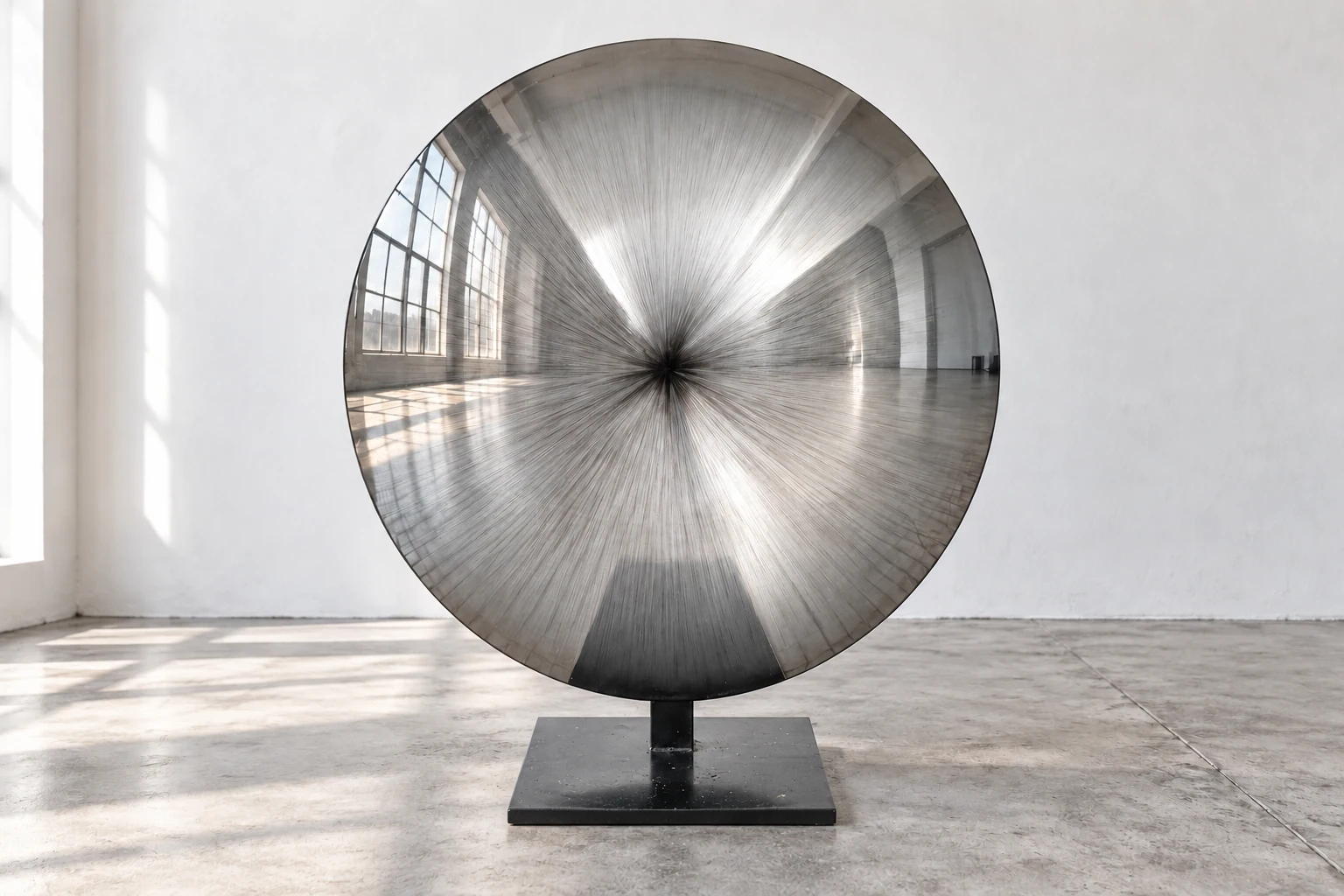Standing brushed disc in silver, against a white wall above a grey concrete floor