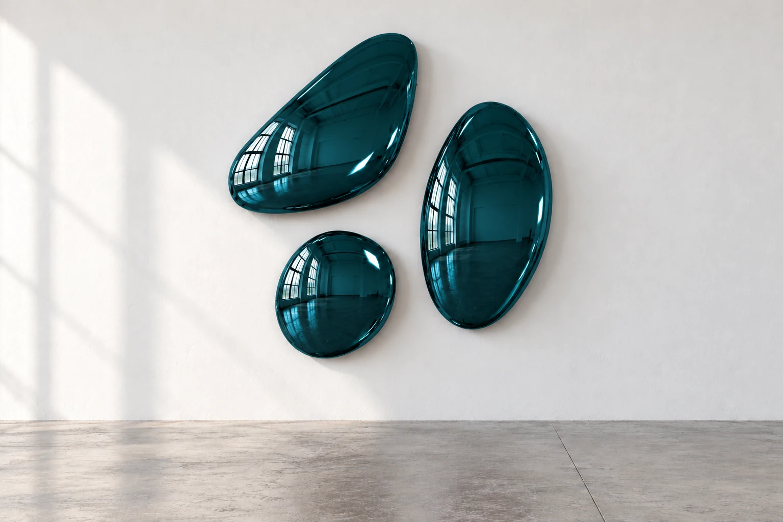 Three curved forms in petrol, against a white wall above a grey concrete floor