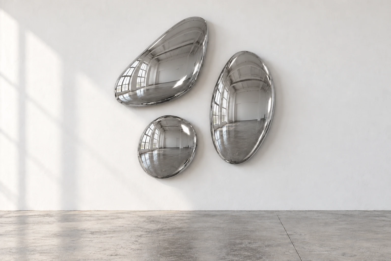 Three curved forms in silver, against a white wall above a grey concrete floor